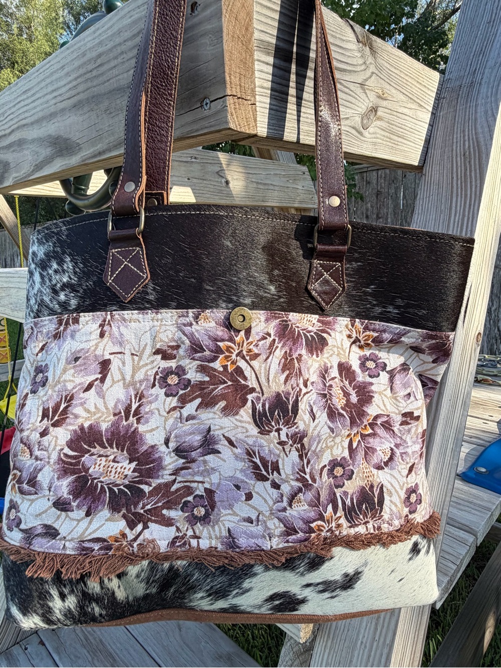 Myra Floral Western Cowhide Tote Bag in Brown and Cream